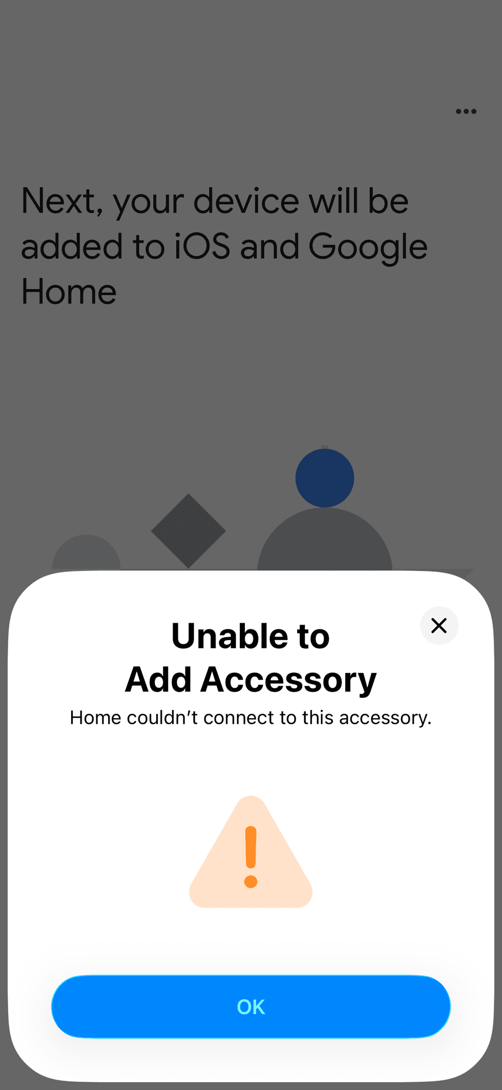 screenshot of Google Home app failing in connecting with Matter