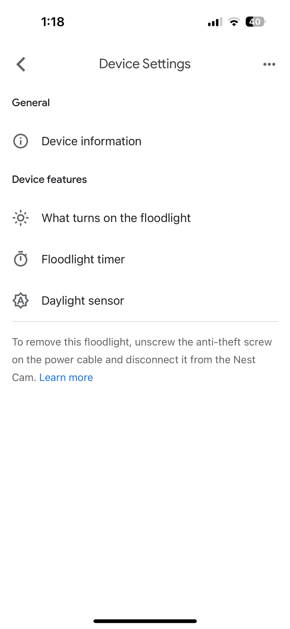 screenshot of Google Home app showing floodlight settings for Google Nest Cam with Floodlight (Wired)