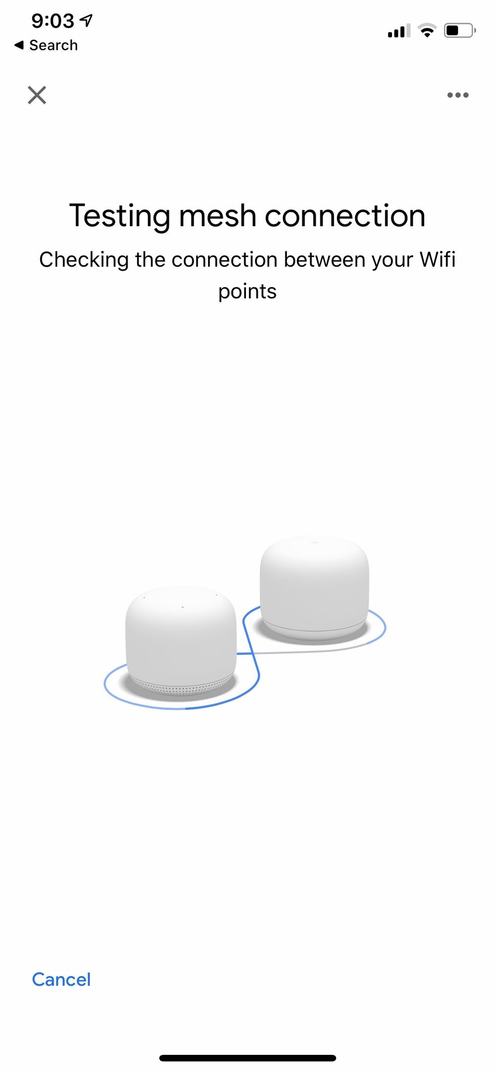 Screenshot of Google Home app testing the Mesh Connection