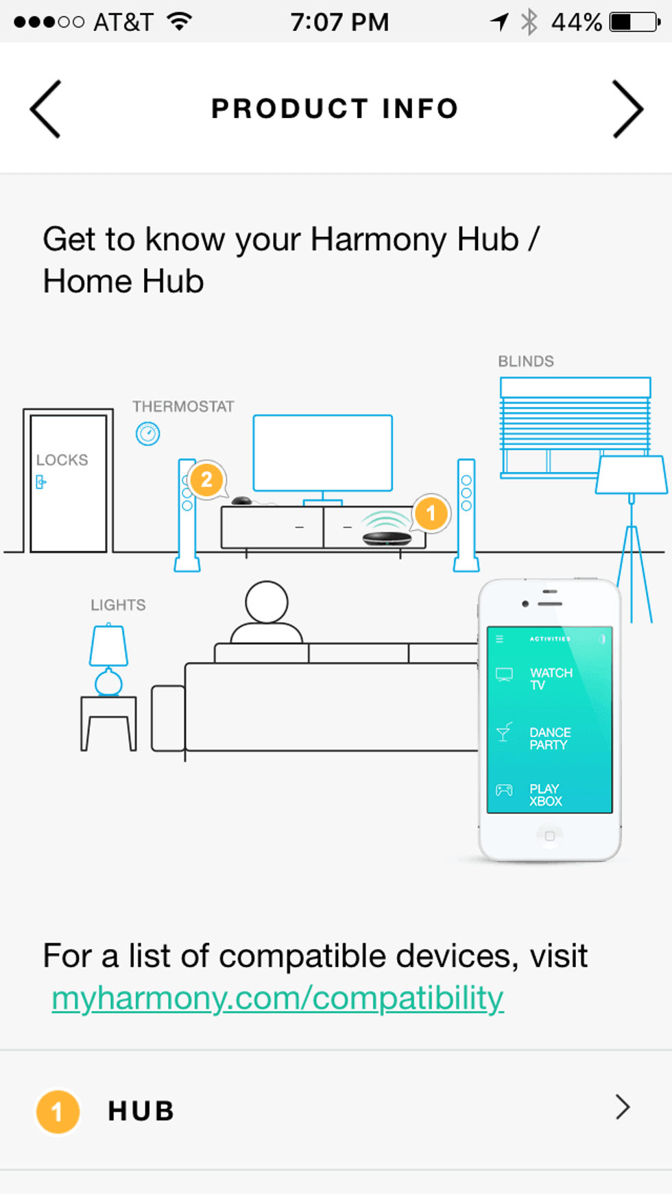 screenshot of harmony hub app