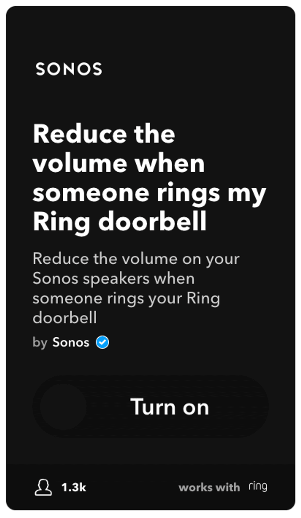 screenshot of IFTTT applet Reduce the Sonos volume when someone rings the bell