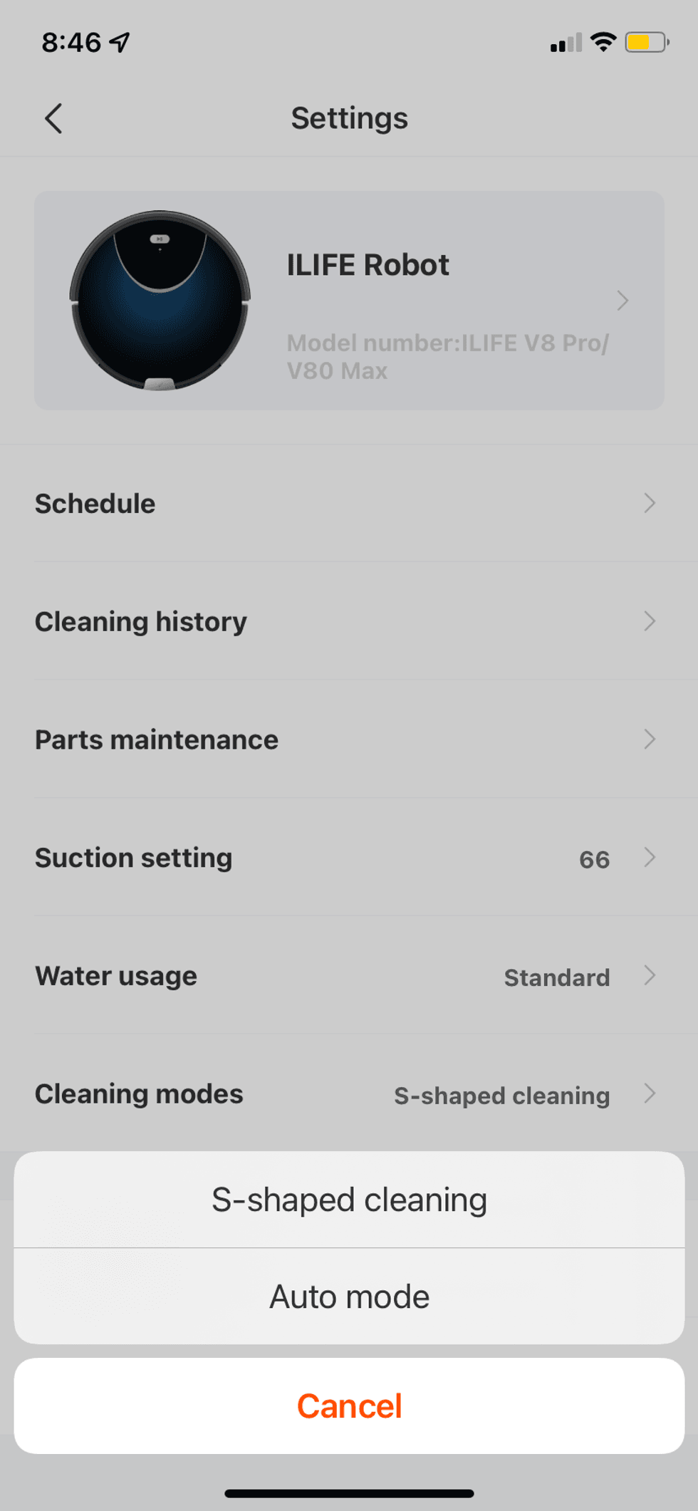 Screenshot of ILIFE app's settings with navigation mode opened.