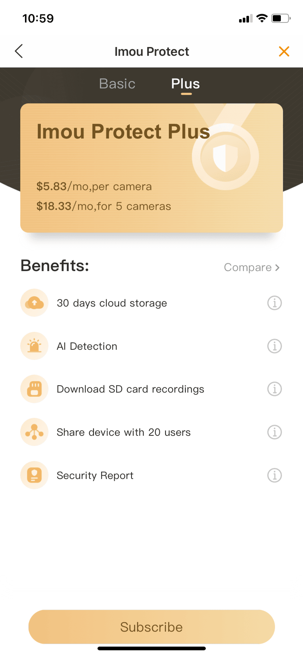 Screenshot of Imou Protect Plus plan in app