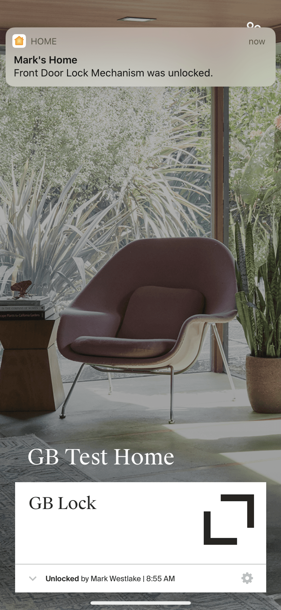 Screenshot of Level Lock app unlocking our lock using homekit