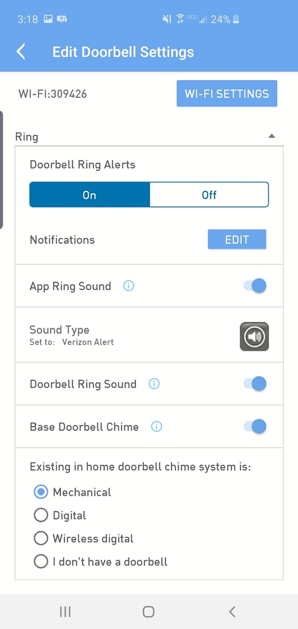 Screenshot of lifeshield app doorbell settings