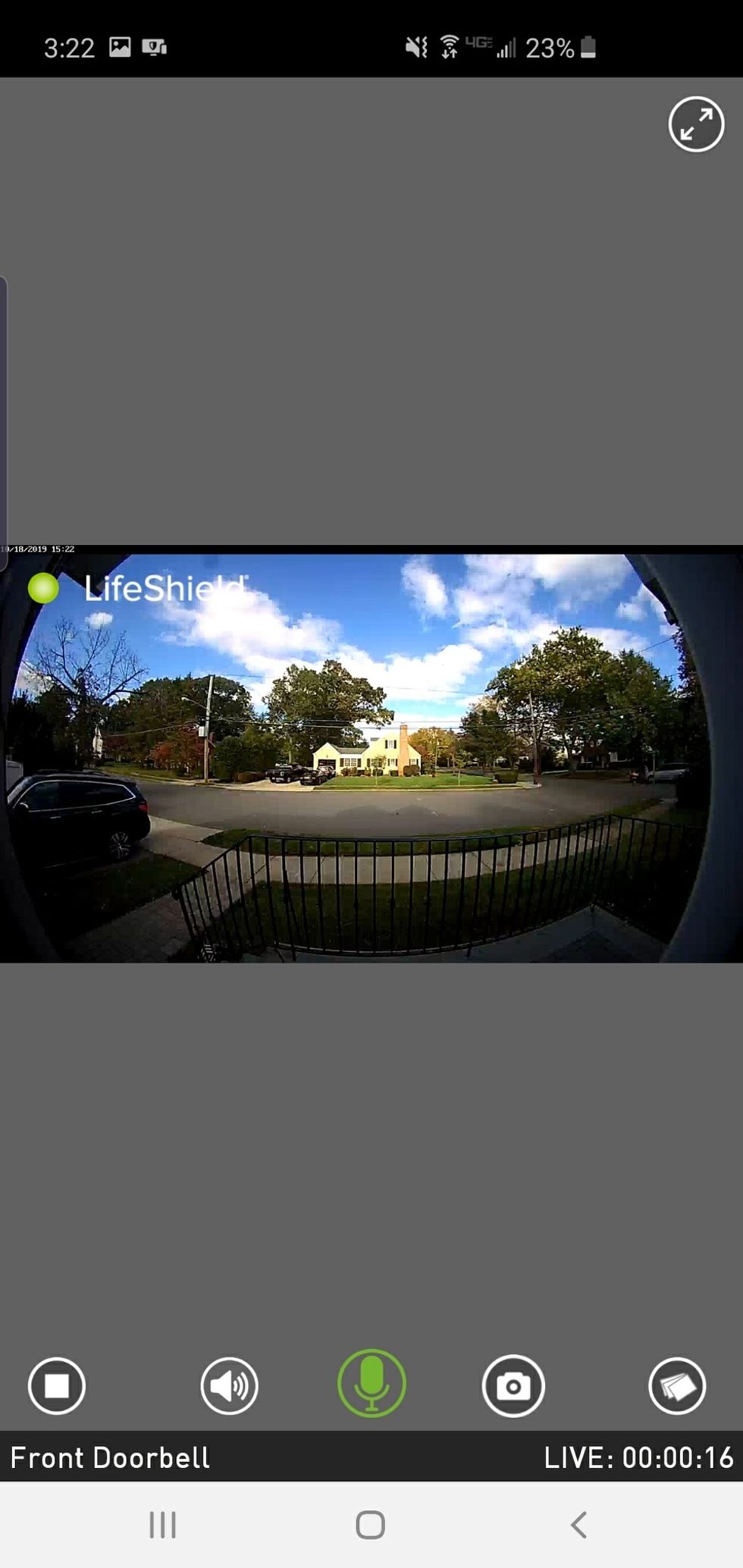 Screenshot of lifeshield app showing 170 degree field of view from video doorbell