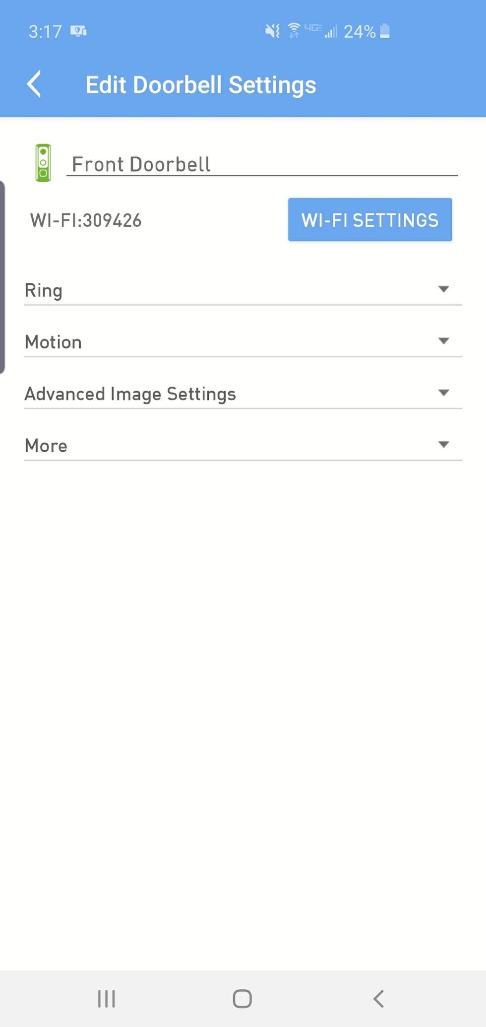 Screenshot of lifeshield video doorbell settings in app