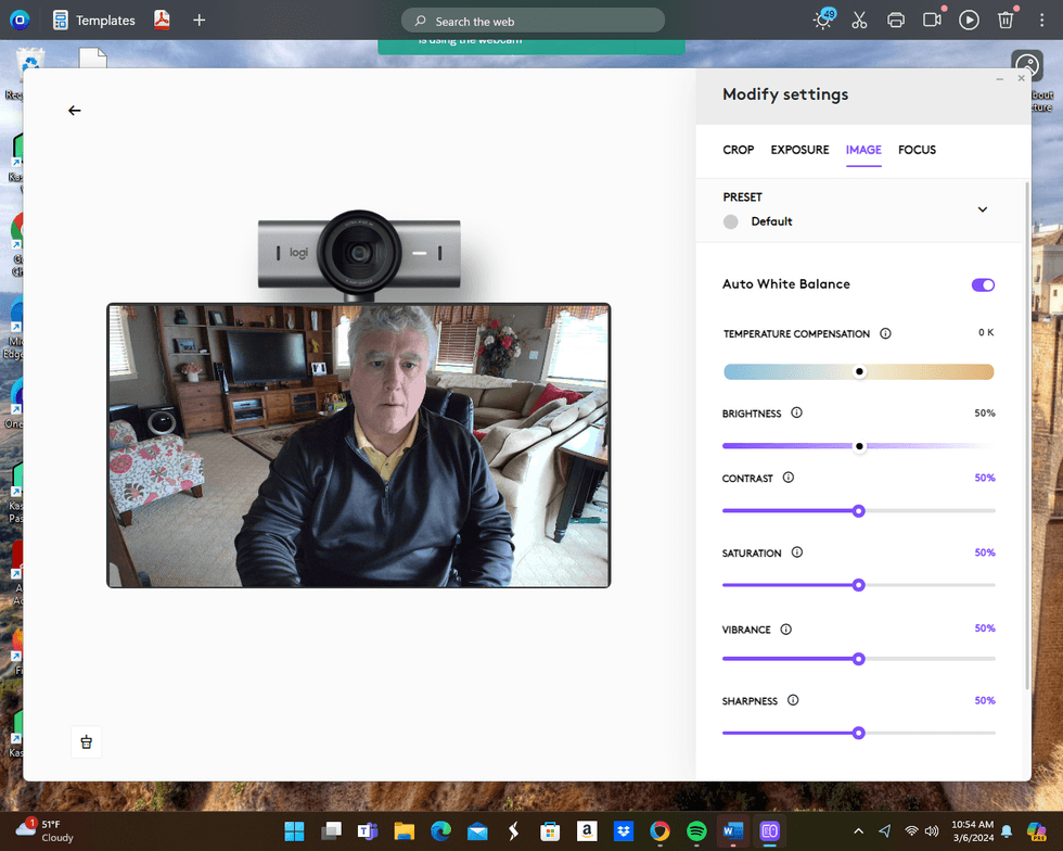 screenshot of Logitech controls for MX Brio 4K Webcam