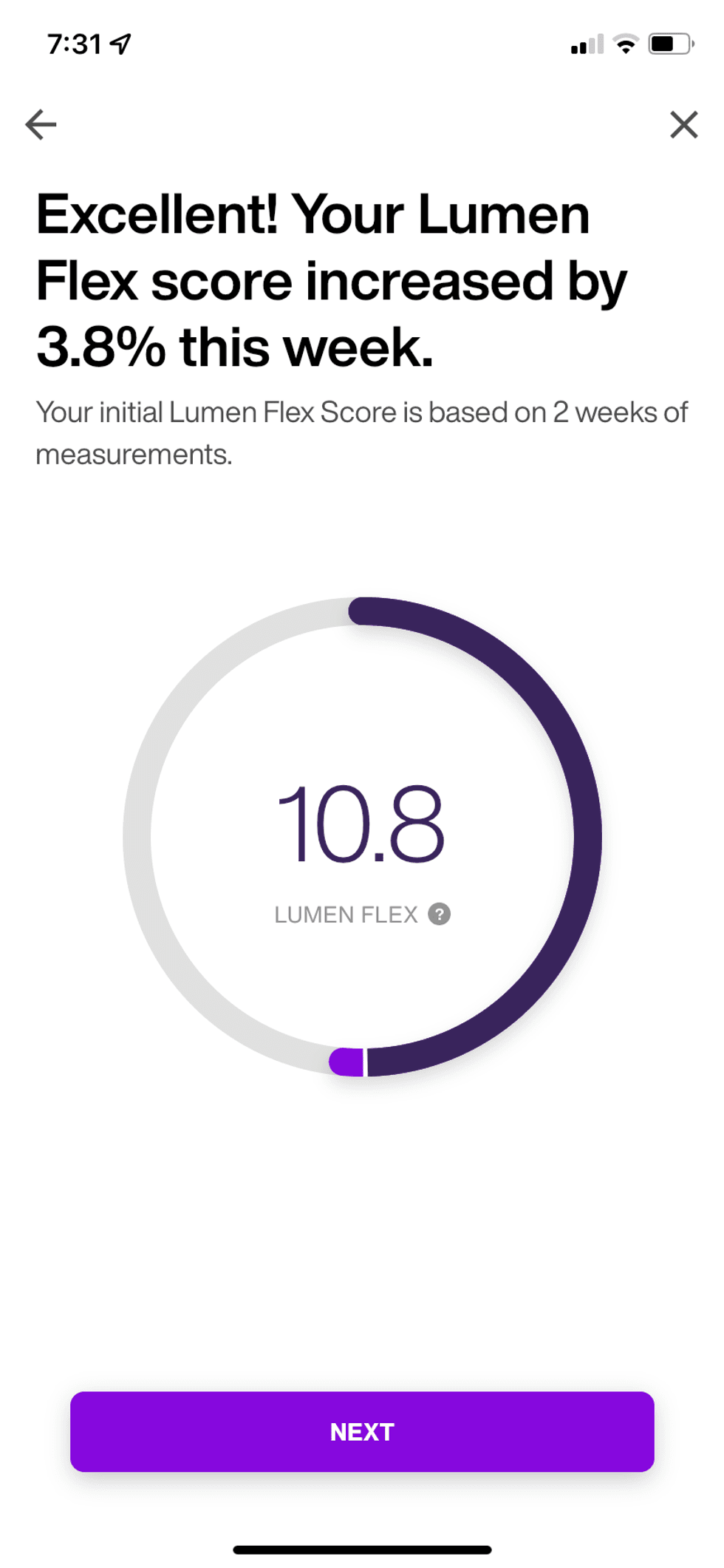 Screenshot of Lumen app showing the increase of our flex score