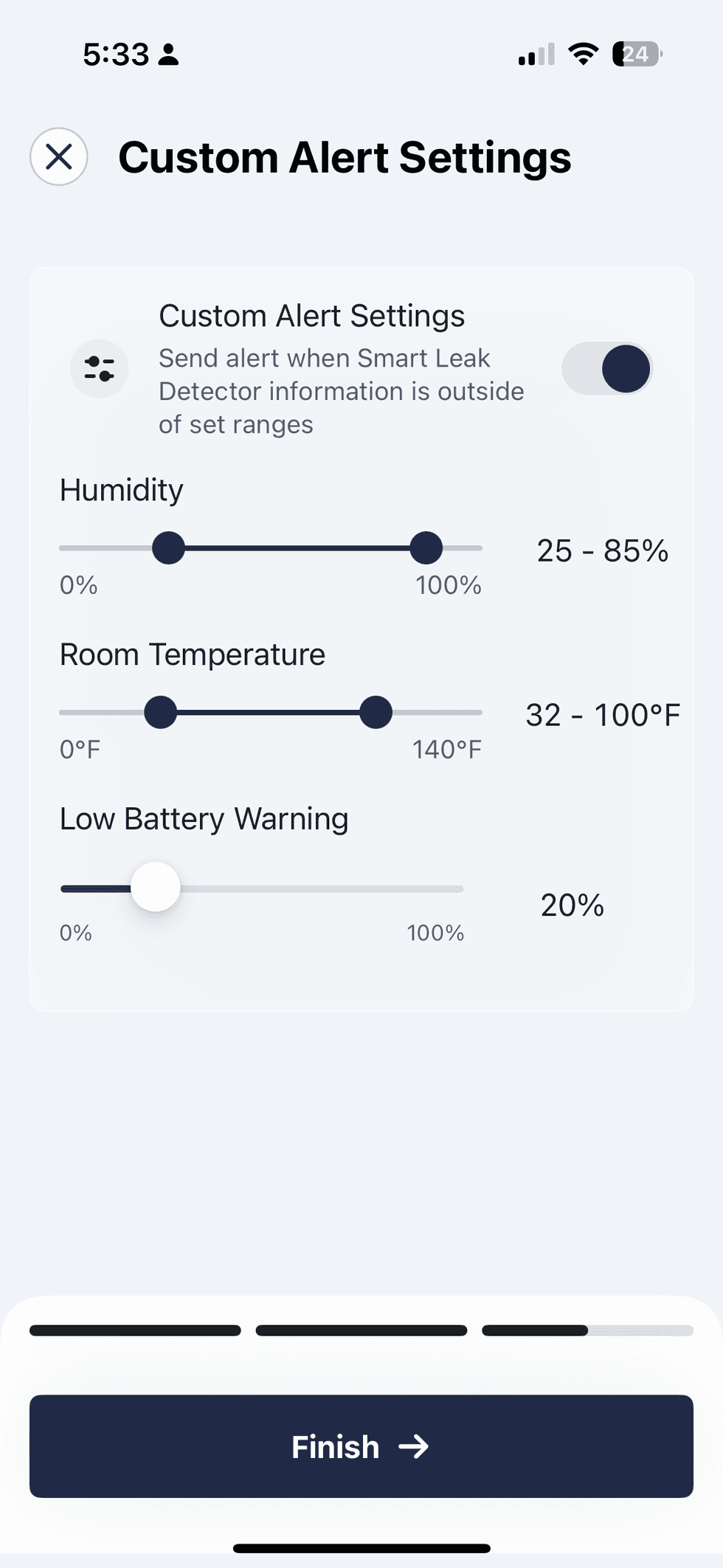 Screenshot of moen app showing customized settings for Moen Smart Leak Detector