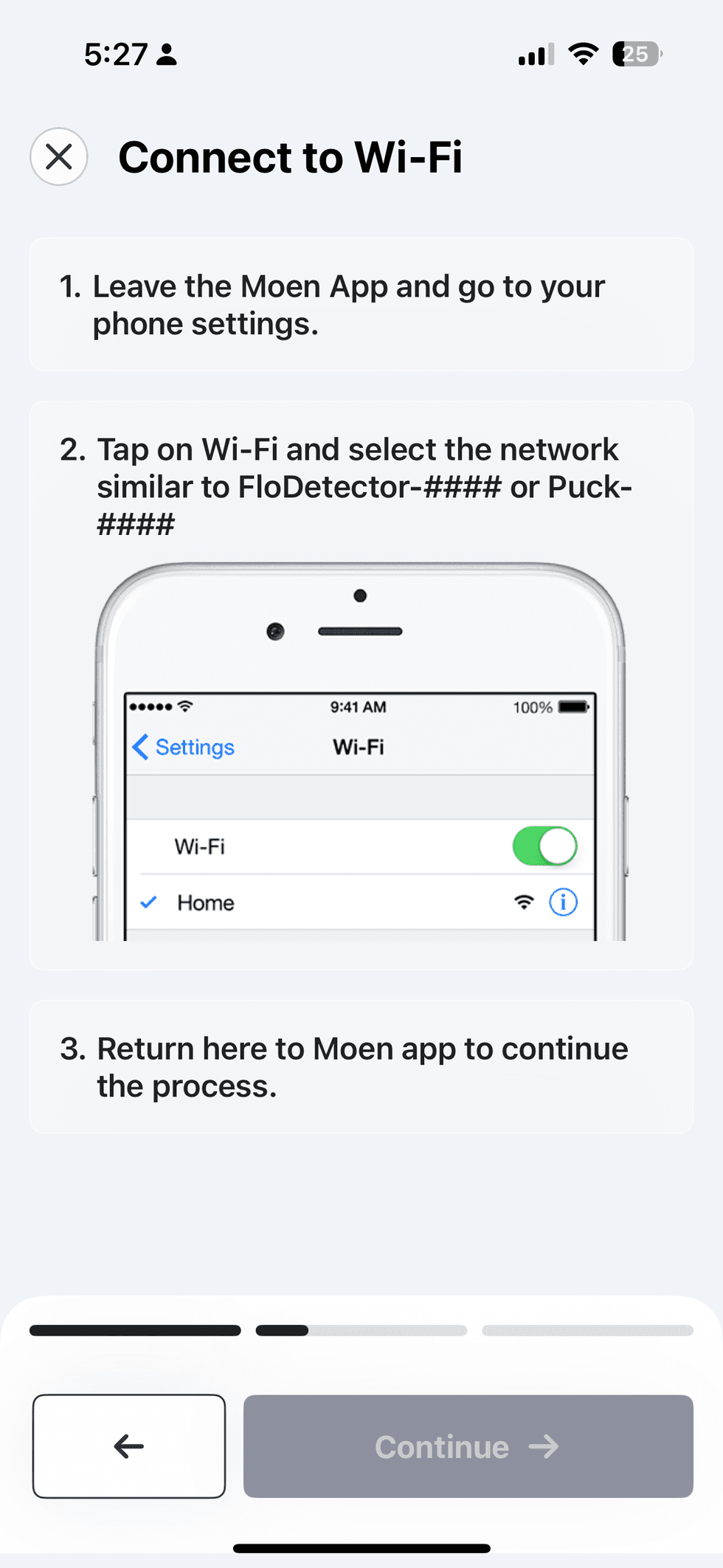 Screenshot of Moen app showing how to pair Moen app with your home Wi-Fi