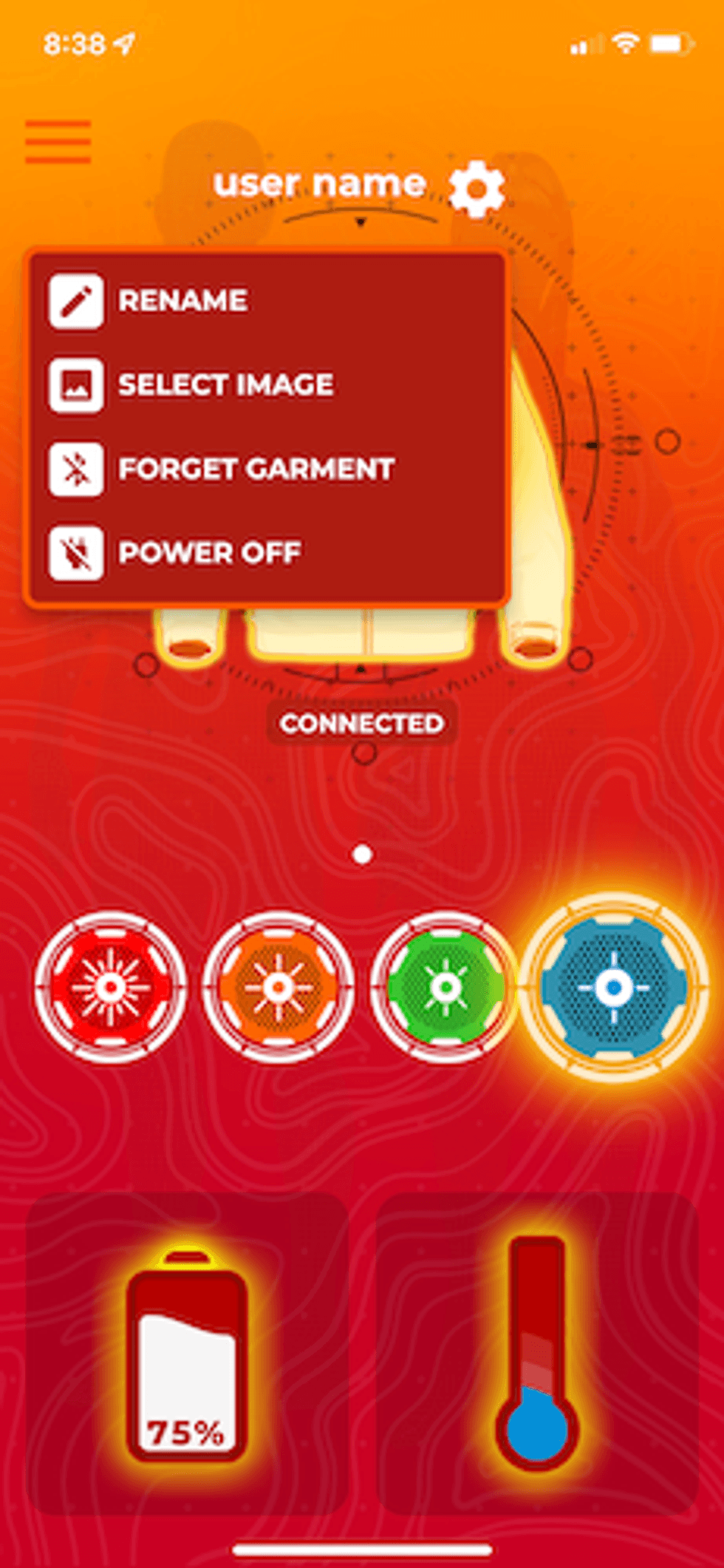 screenshot of MW Connect app with jacket paired.