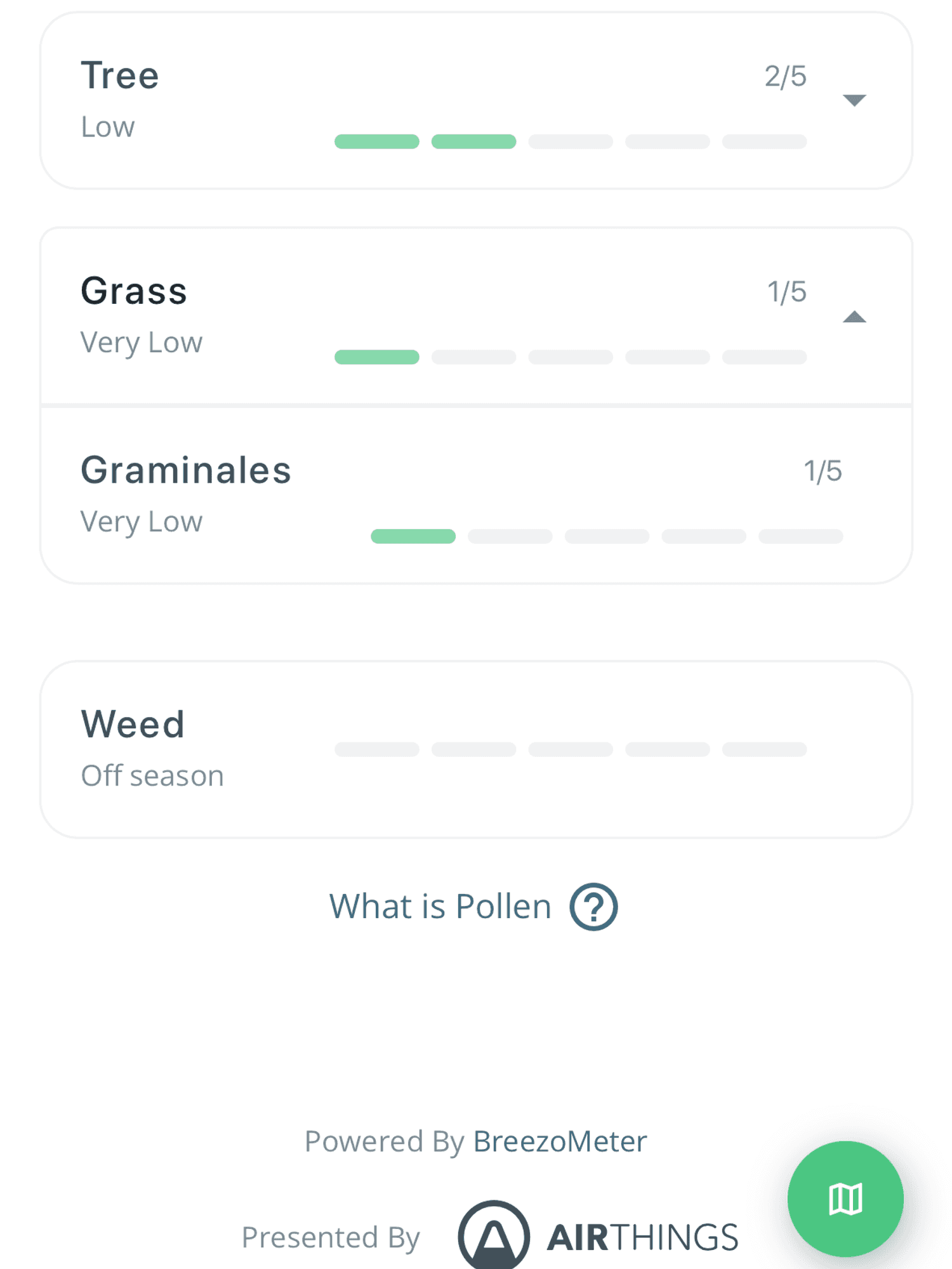 Screenshot of Pollen readings in the Airthings app