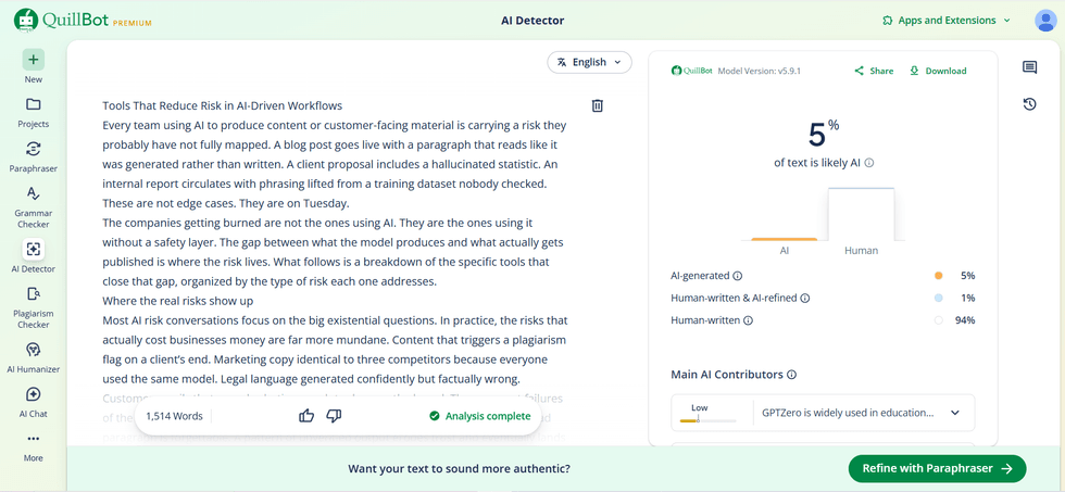 Screenshot of QuillBot AI Detection tool