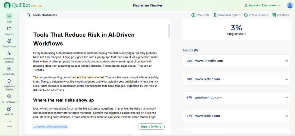 screenshot of Quillbot's dashboard for risk reduction