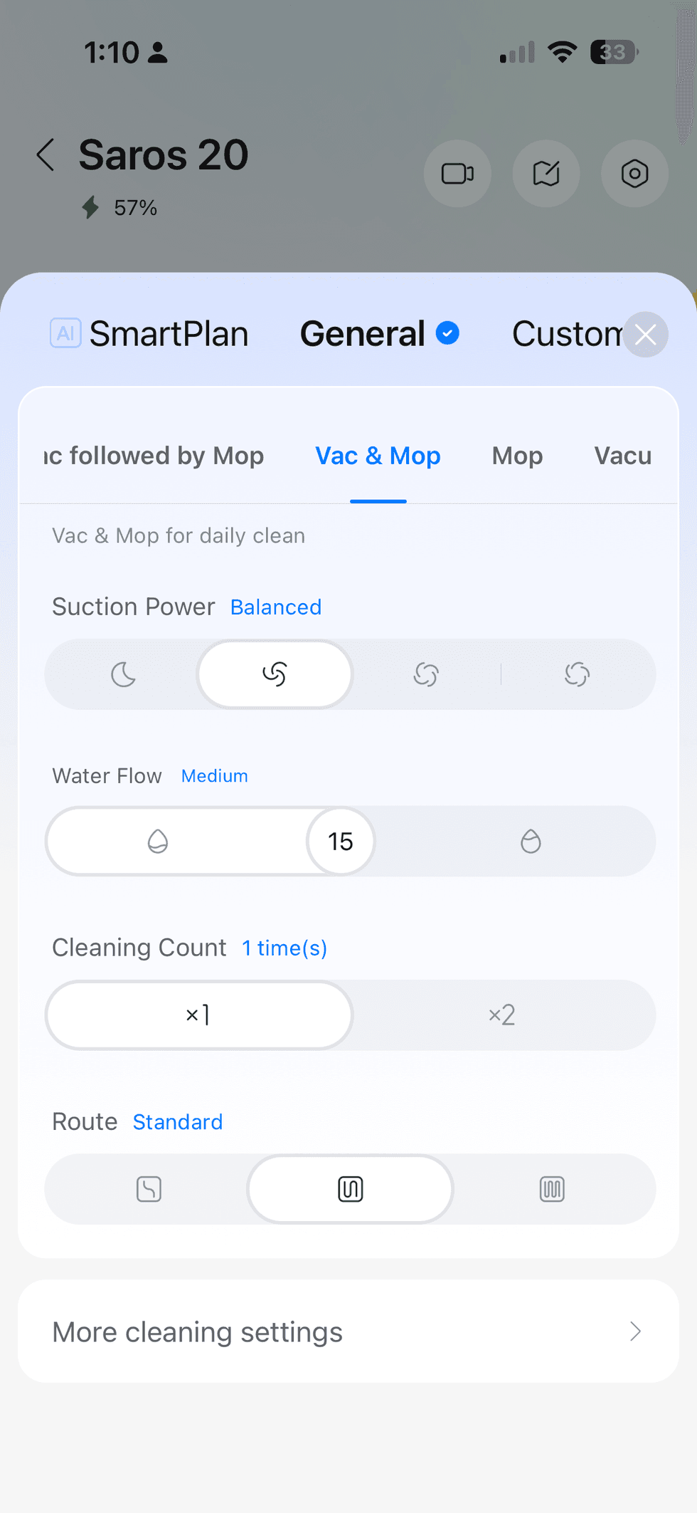 screenshot of roborock app's mop and vacuum settings