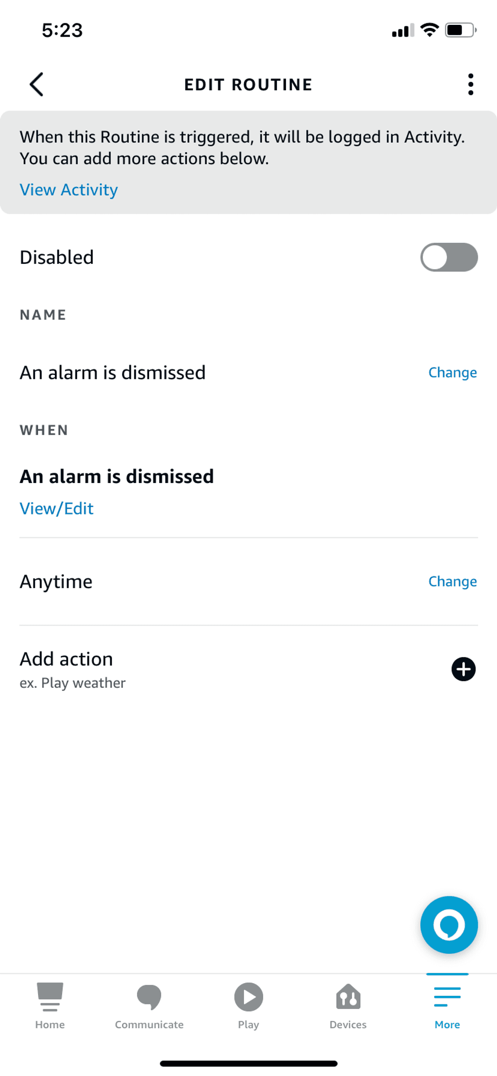 Screenshot of set up routine in Alexa app