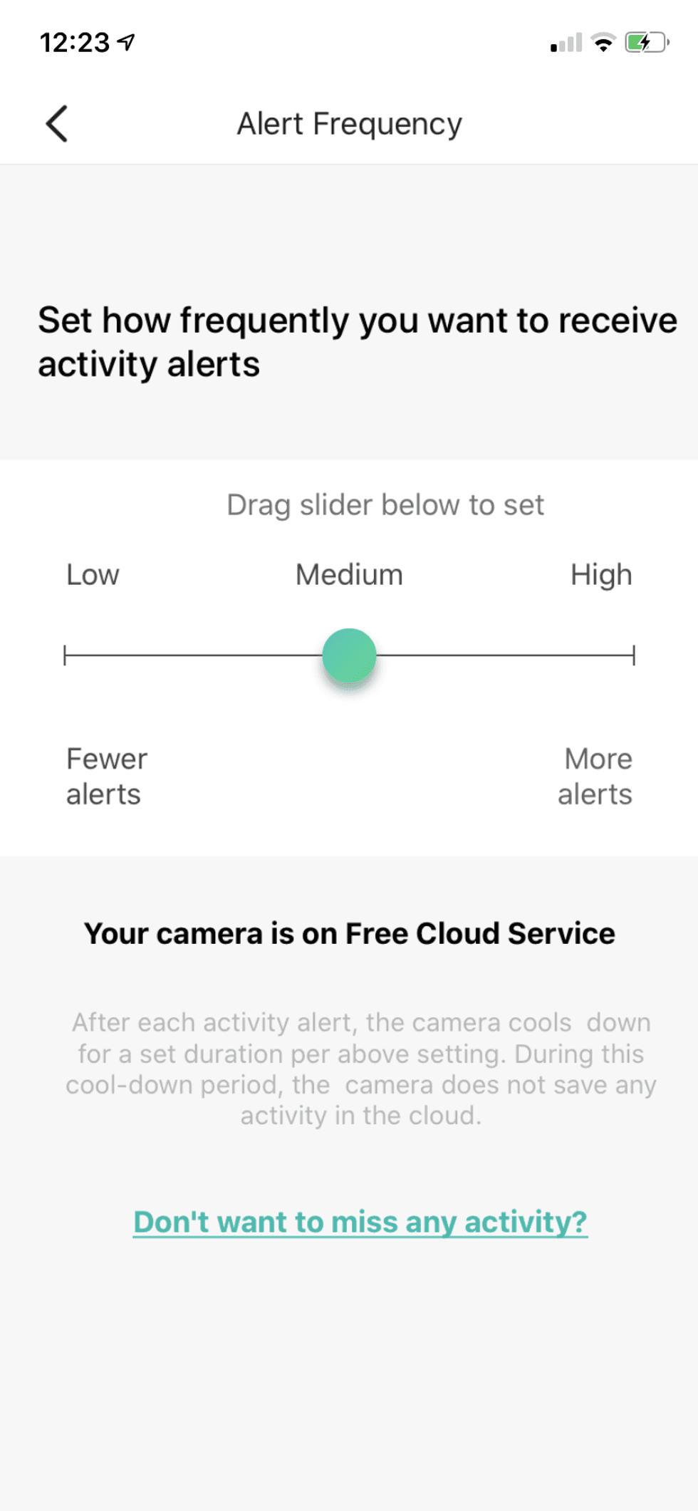 screenshot of settings for activity levels in Kami app