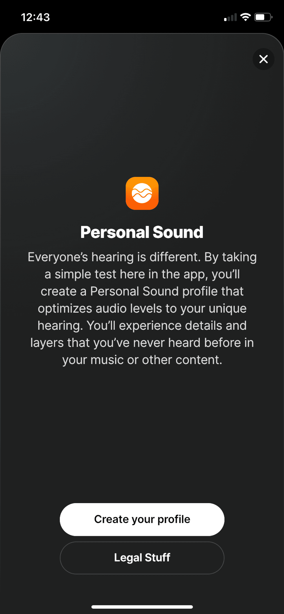 Screenshot of Skullcandy app's Personal Sound Test