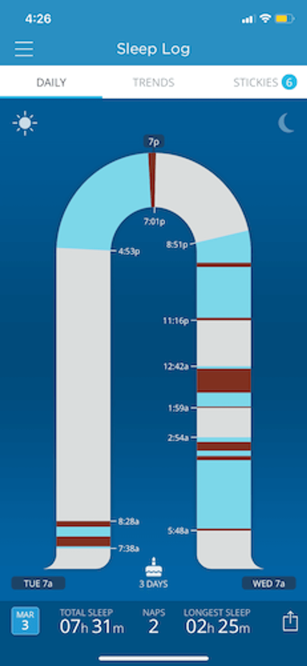 screenshot of SNOO app Sleep log