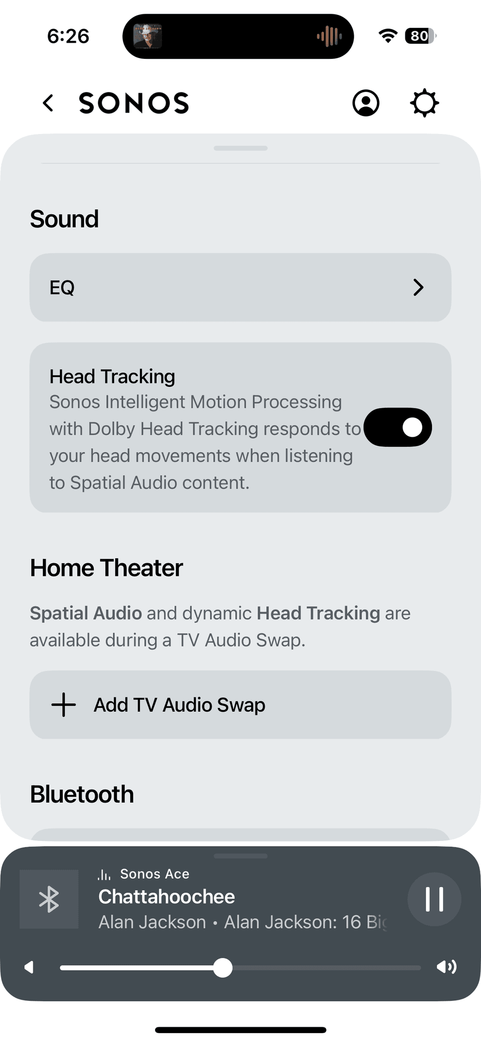 Screenshot of sound settings for Sonos Ace