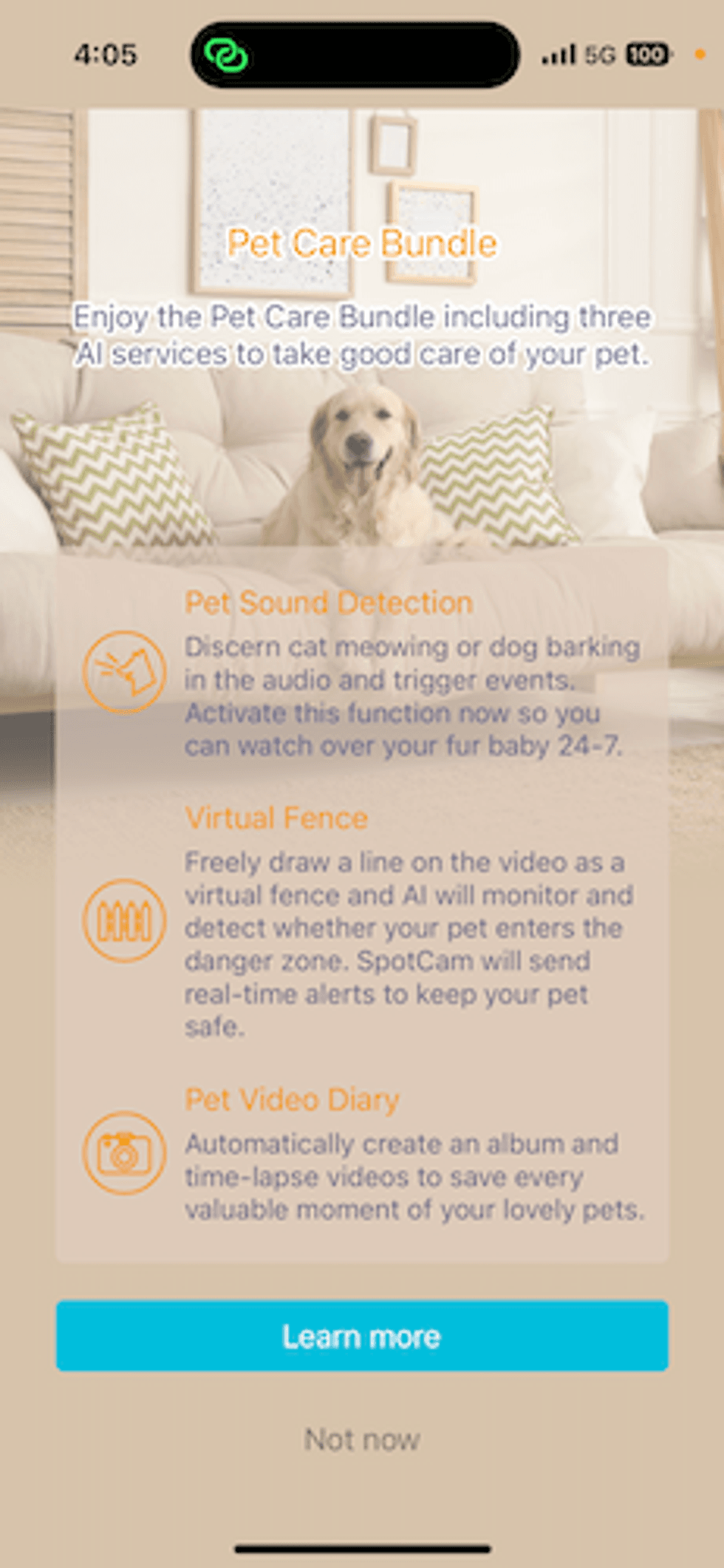 Screenshot of SpotCam PetCare Bundle in app
