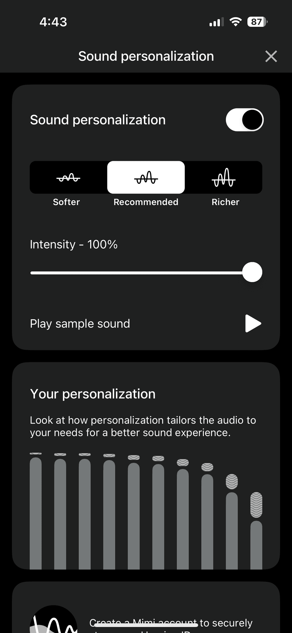 screenshot of test results from hearing test in Skull-IQ app