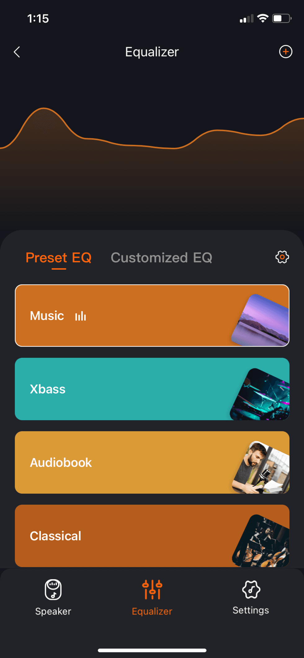 screenshot of the Tribit App's EQ settings
