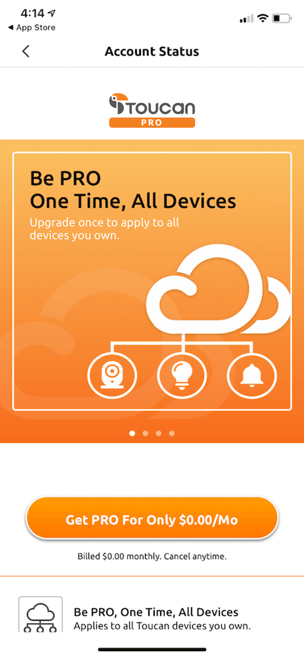 Screenshot of Toucan Shield Pro plan in app