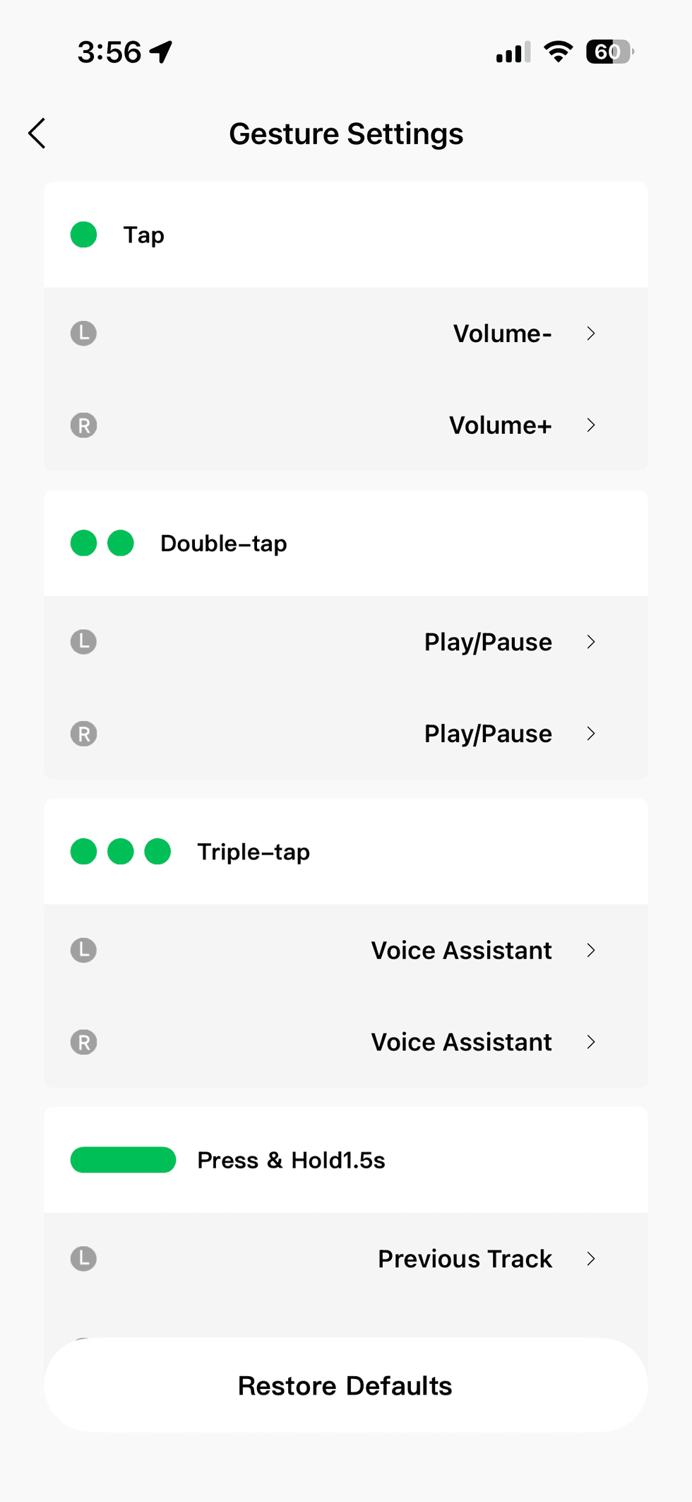 screenshot of touch controls for Air6 HS earbuds in Soundpeats app