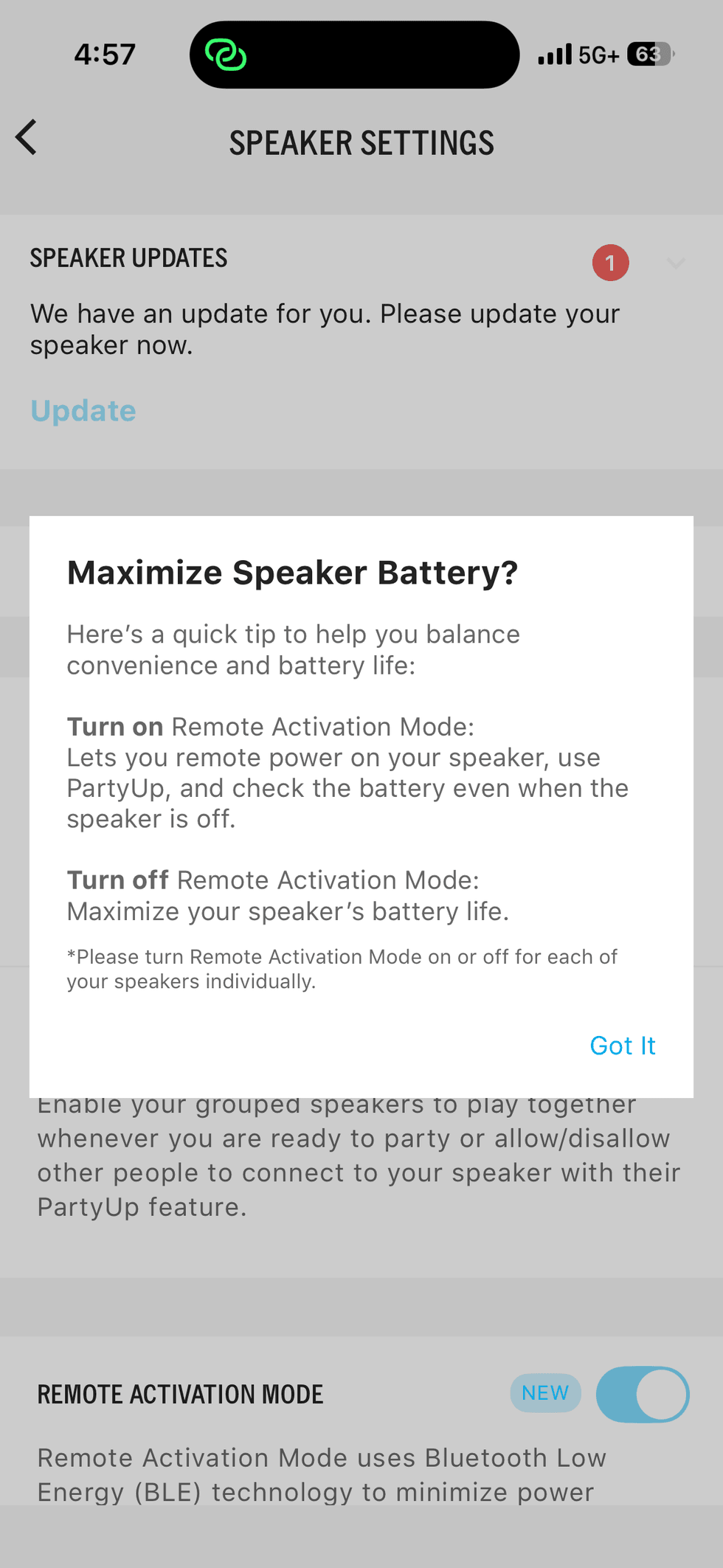 screenshot of ultmate ears app showing how to maximize battery life