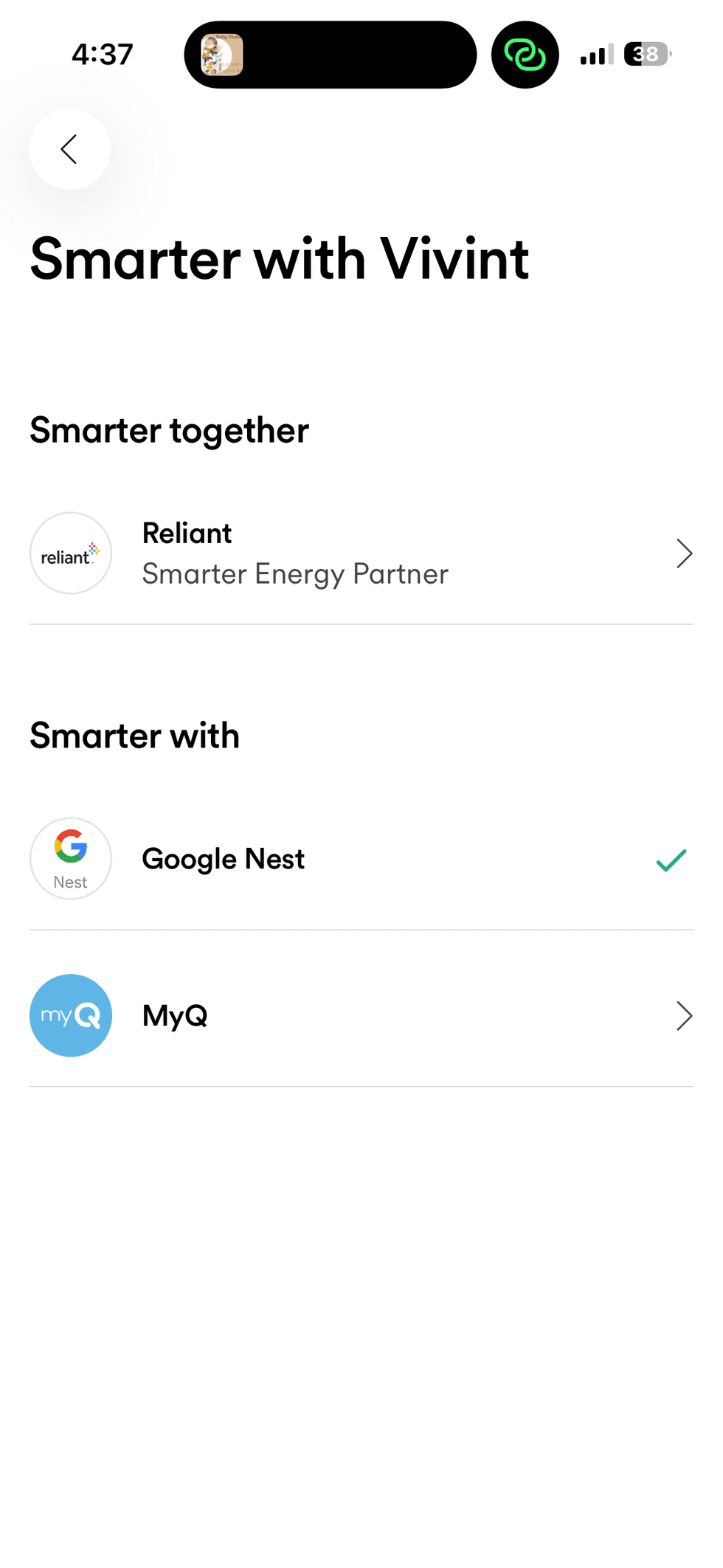 Screenshot of Vivint app's smart integrations