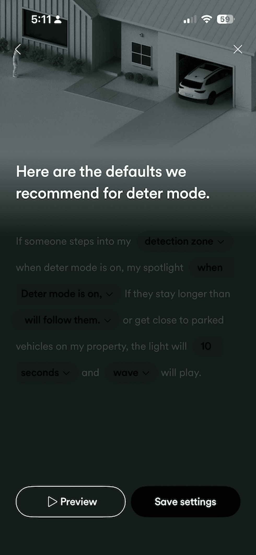 screenshot of vivint deter default settings