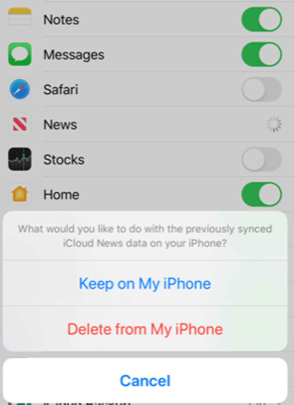 Screenshot of warning before deleting data