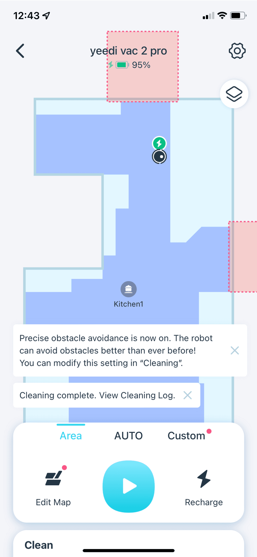 screenshot of yeedi app showing map with obstacles