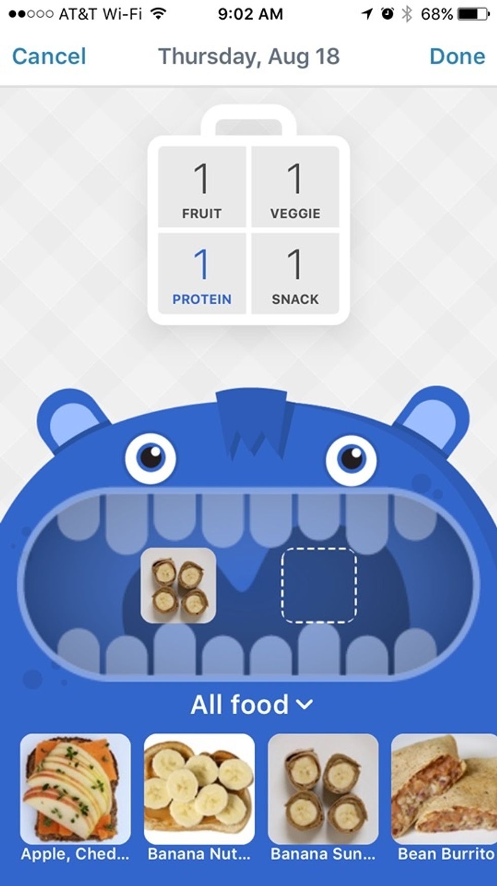Screenshot with a cartoon blue creature and food options to select at the bottom