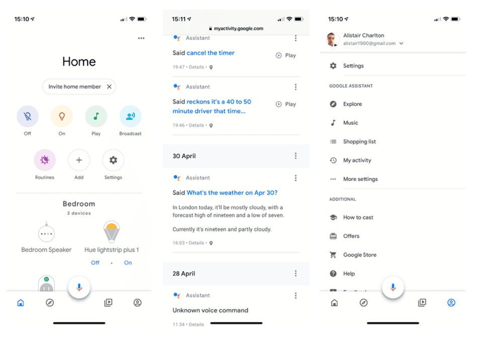 Screenshots for deleting Google Assistant recordings