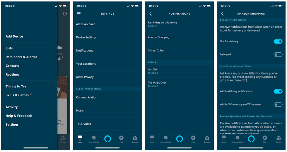 Screenshots of Alexa app settings