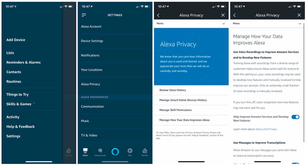 Screenshots of switching off Alexa recording analysis