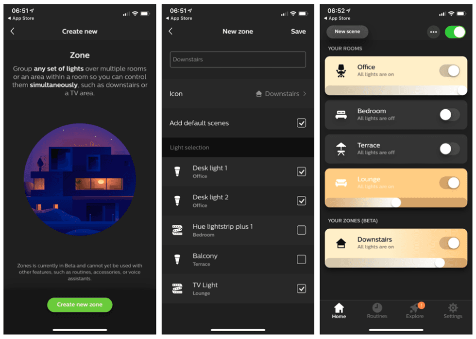 Screenshots of zones feature in Philips Hue app