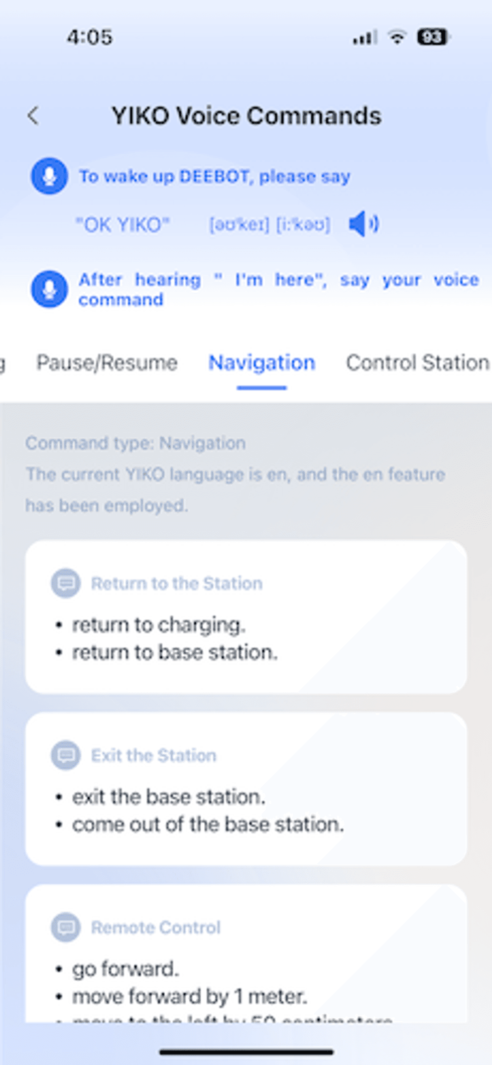 scrreenshot of Yiko voice commands in Ecovacs app
