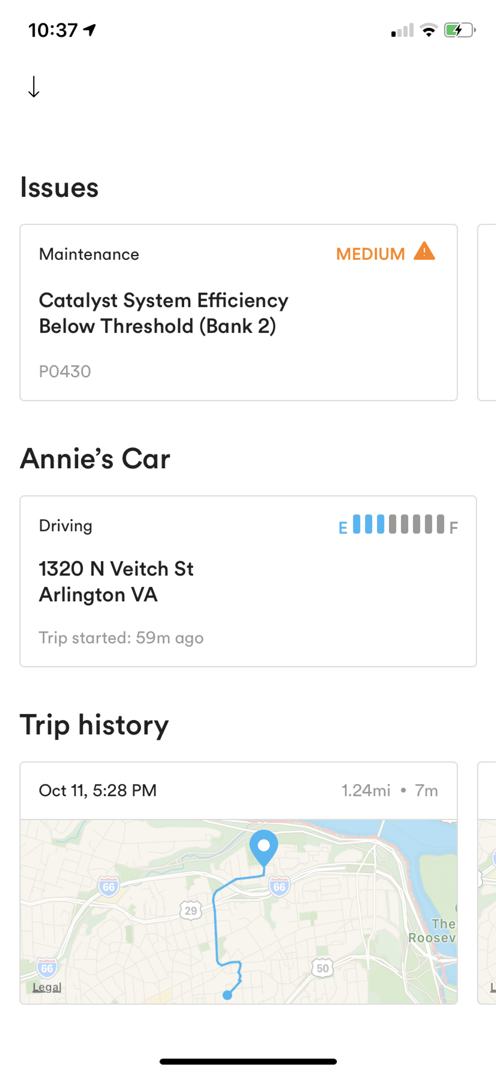 Scrrenshot of maintenance issues from Vivint Car Guard.