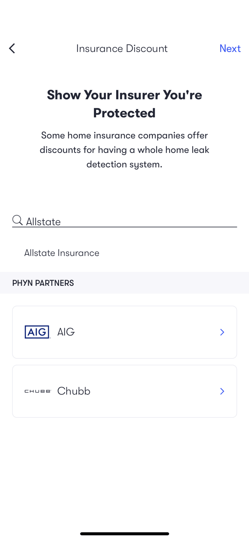 Searching for insurance provider in phyn app