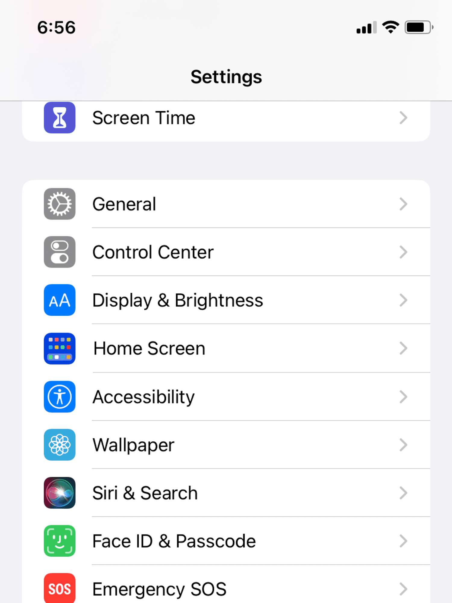 Settings screen on iPhone