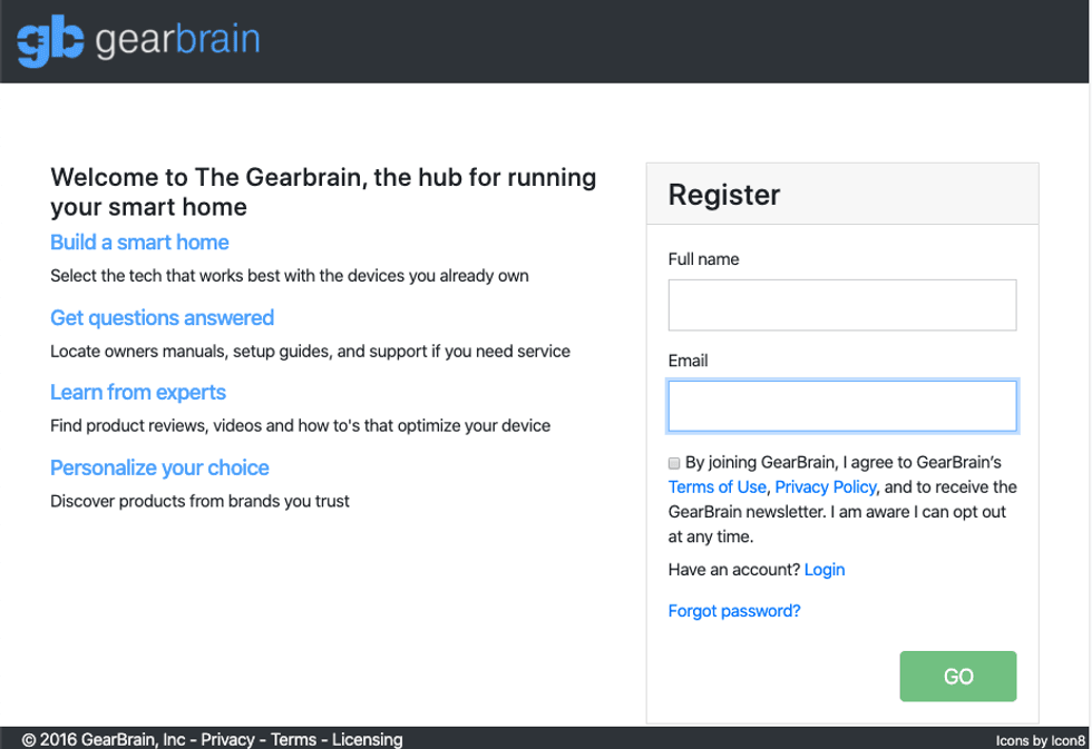sign in page to register to use The GearBrain