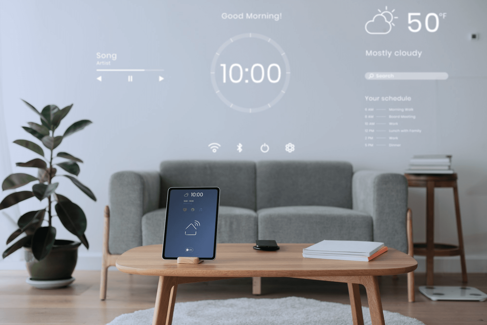 photo of a tablet showing smart home controls in a living room
