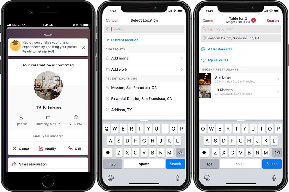 Smartphone screens on an iPhone X showing how Open Table works