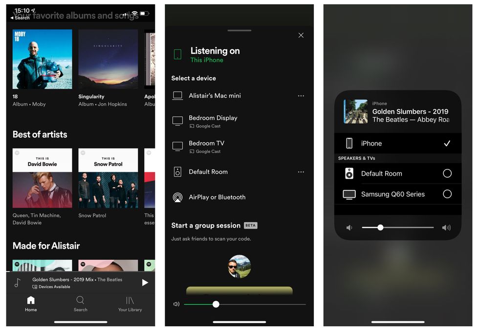 Spotify Connect and AirPlay controls on the iPhone app