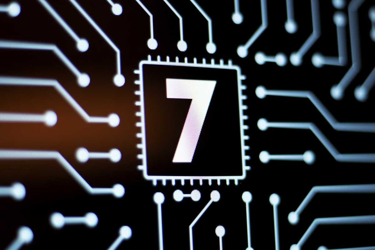 Technology Background and Circuit Board With Number 7. Close-Up Computer Screen Concept