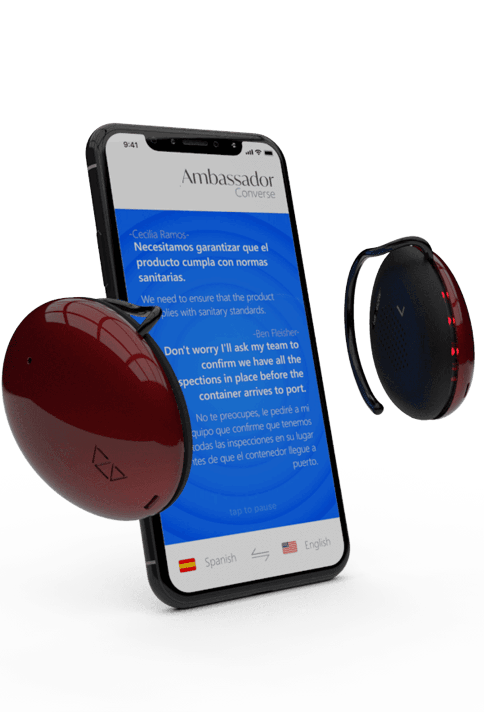 The Ambassador translator against a white background next to a smartphone